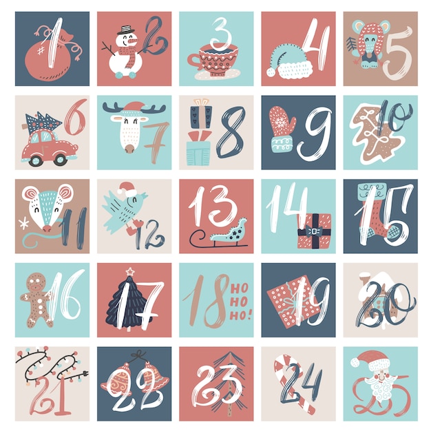 プレミアムベクター 12月のカウントダウンカレンダー クリスマスイブの数字で設定された創造的な冬の漫画