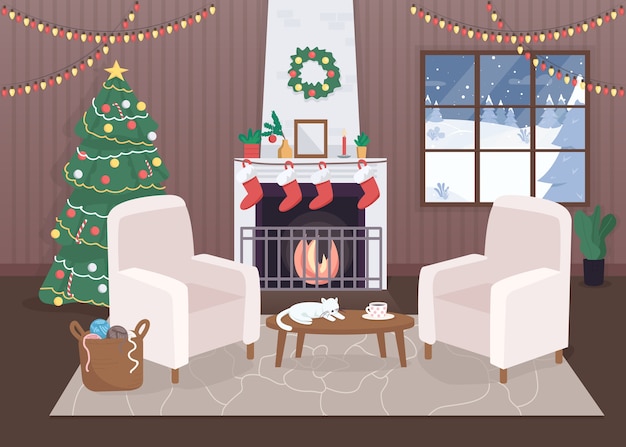 Premium Vector Decorated Christmas House Inside Flat Color Illustration