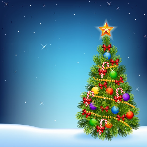 Premium Vector | Decorated christmas tree on a night sky background