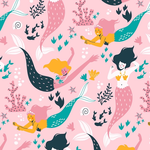 Free Vector | Decorative cute mermaid pattern