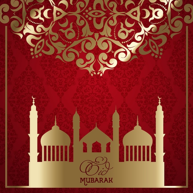 Decorative eid mubarak design with mosque\
silhouette