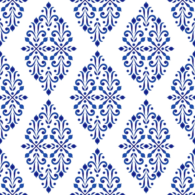 Decorative floral blue and white pattern damask style ...