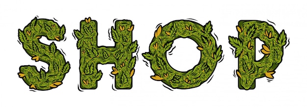 大麻麻の芽から作られた分離されたレタリングデザイン雑草碑文 ショップ と装飾的な緑のマリファナフォント 印刷デザインの現代漫画イラストガンジャタイポグラフィ文字 プレミアムベクター