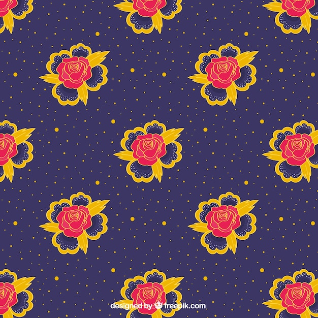 Decorative pattern of roses and yellow\
dots