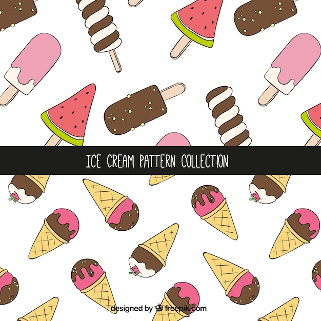 Decorative patterns with ice creams in\
hand-drawn style