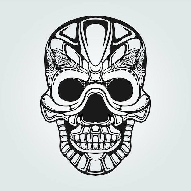 Decorative smiling skull black and white line art | Premium Vector