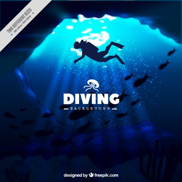 Deep marine background with diver silhouette Free Vector