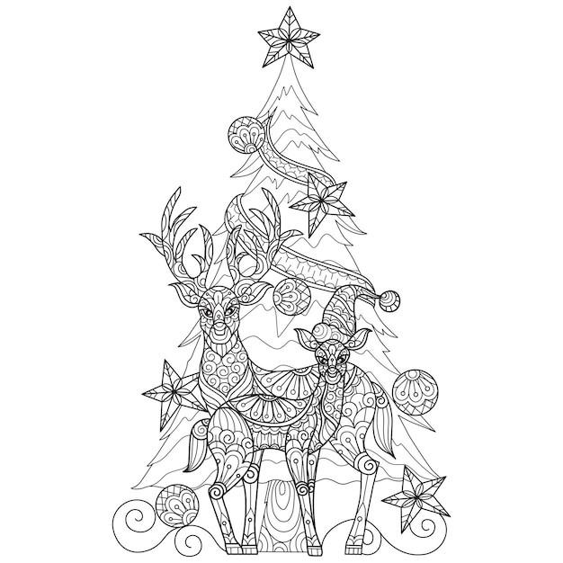 Download Premium Vector Deer And Christmas Tree Hand Drawn Sketch Illustration For Adult Coloring Book