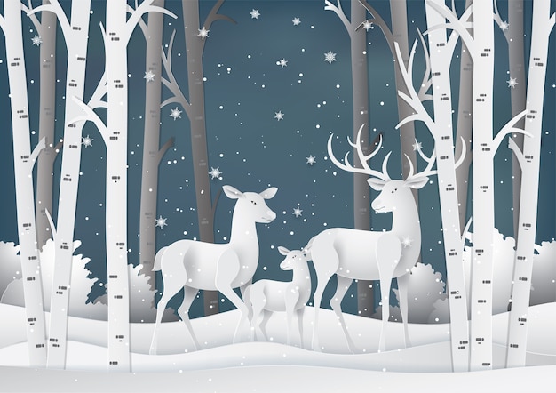 Premium Vector | Deer family in the forest with snow.