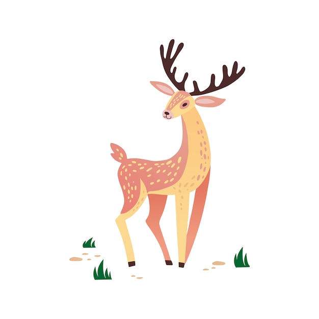 鹿の手描きイラスト 角を持つ野生動物 草の上のかわいいトナカイのキャラクター プレミアムベクター