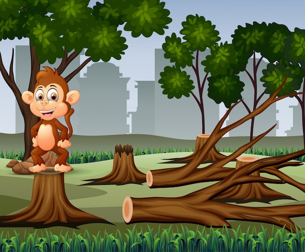 猿と木材のイラストと森林伐採シーン プレミアムベクター
