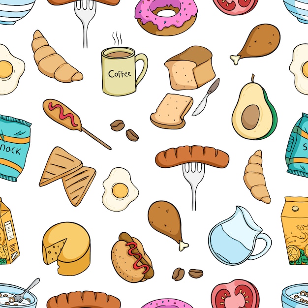 Delicious breakfast food seamless pattern with colored style Premium Vector