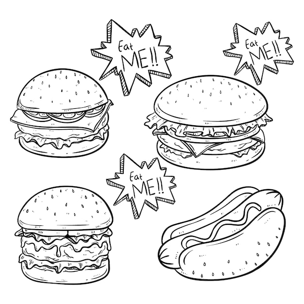 Premium Vector Delicious Burger And Hot Dog With Melted Cheese By Using Sketch Or Hand Drawn Style