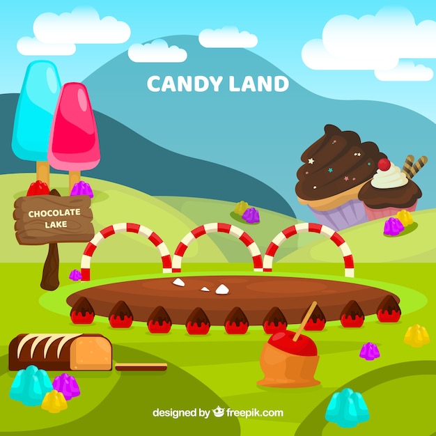 Delicious candy land background in flat\
style