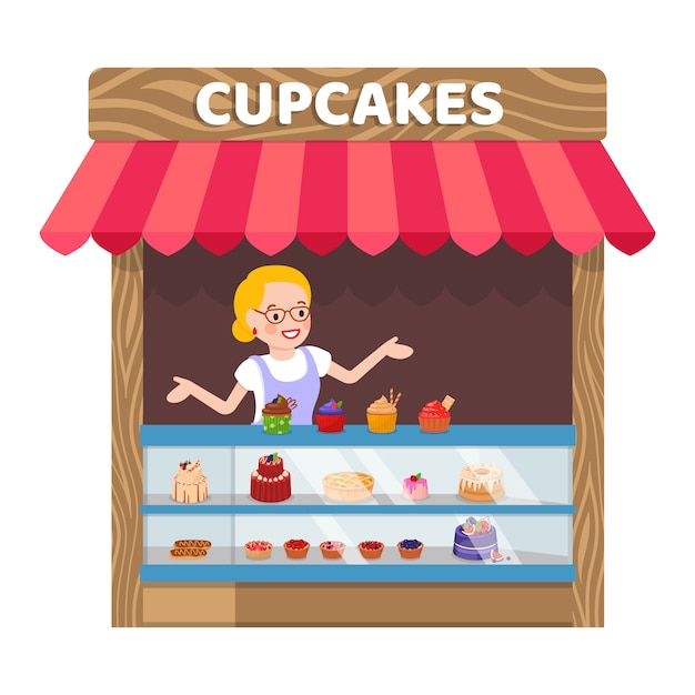 Premium Vector | Delicious cupcakes booth flat vector illustration