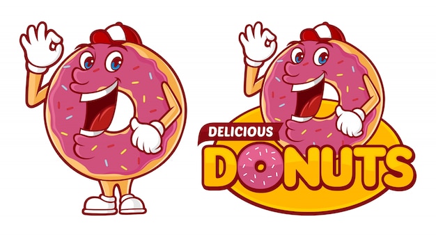 面白いキャラクタードーナツとおいしいドーナツのロゴのテンプレート プレミアムベクター