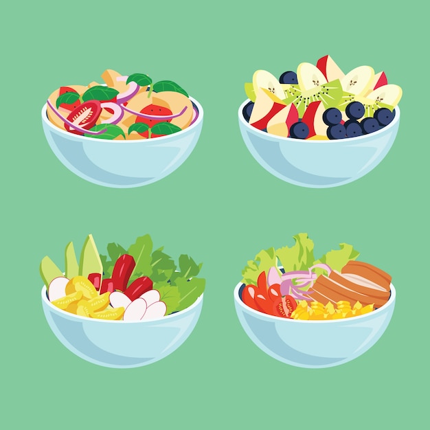 Delicious fresh fruit and salads in bowls | Free Vector