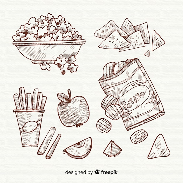 Delicious hand drawn snack collection Free Vector