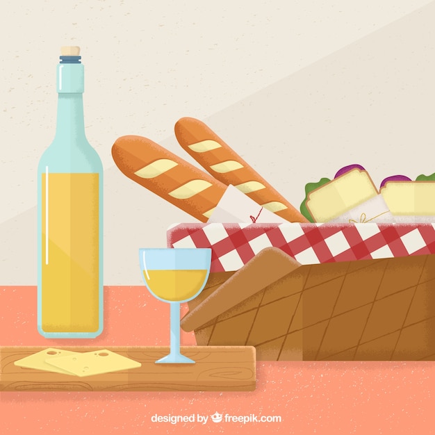 Delicious picnic with wine and cheese
