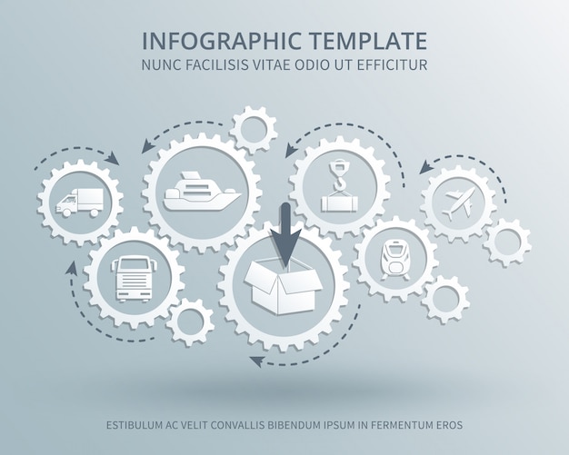 Delivery and distribution business vector consept with gears mechanism, transport, packing and shipping icons Premium Vector