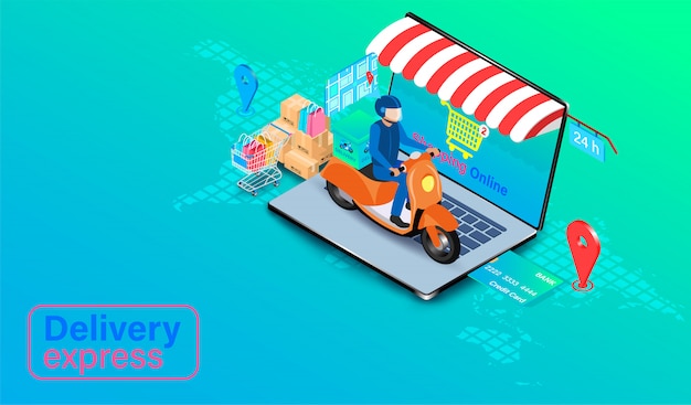 Delivery express by scooter on computer laptop. online food order and package in e-commerce by app. 