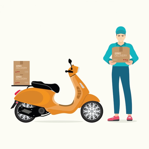 Download Delivery man holding boxes with scooter motorcycle . | Premium Vector