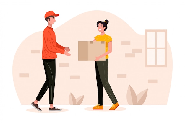 Premium Vector | Delivery man picking up a package from young woman.