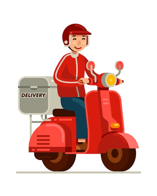 Premium Vector | Delivery man riding red scooter motorcycle