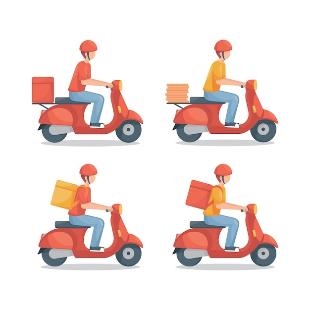 Premium Vector Delivery Man Riding Red Scooter Set Illustration