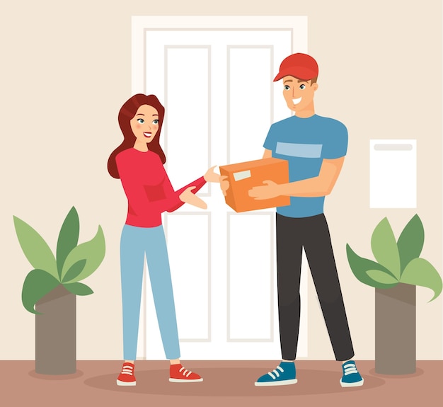 Premium Vector Delivery Man In Uniform Giving A Box To A Woman Delivery Service 2170