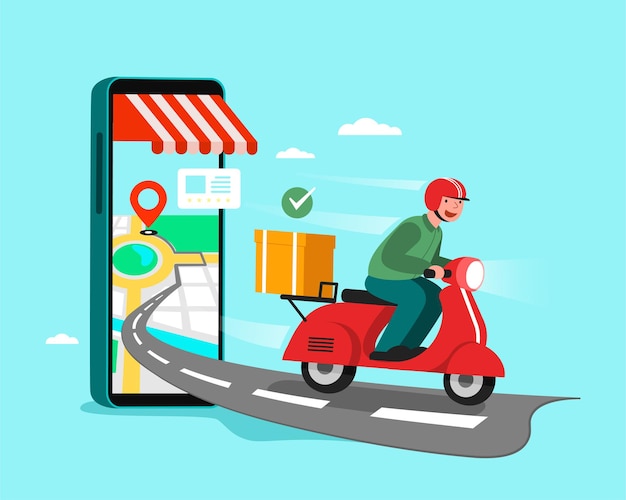 Delivery staff ride motorcycles , shopping concept. Free Vector