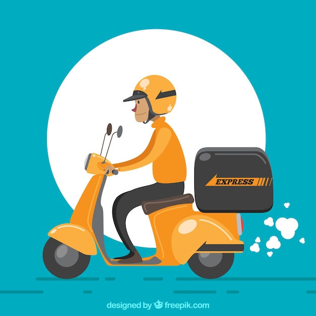 Deliveryman with helmet and retro\
scooter