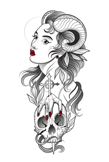 Download Demon girl with a human skull in hand Vector | Premium Download