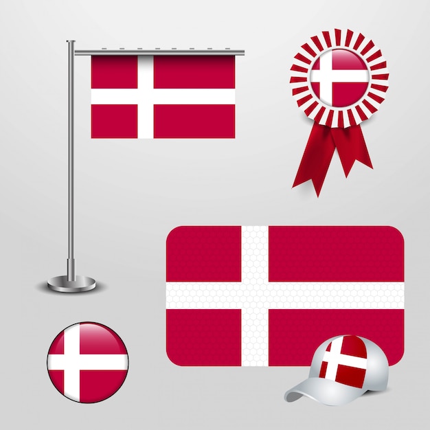 デンマーク国旗旗 リボンバッジバナー スポーツハット ラウンドボタン プレミアムベクター