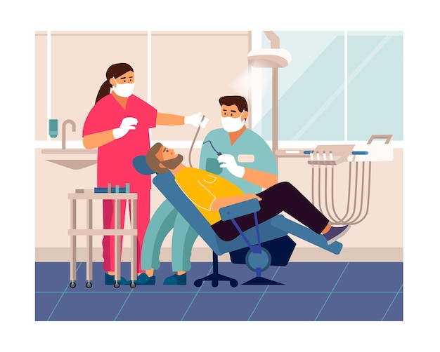 Premium Vector Dentist Checkup Cartoon Patient At Doctor Office Lying At Dentistry Chair