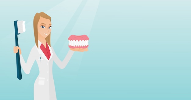 Dentist with a dental jaw model and a toothbrush. Premium Vector
