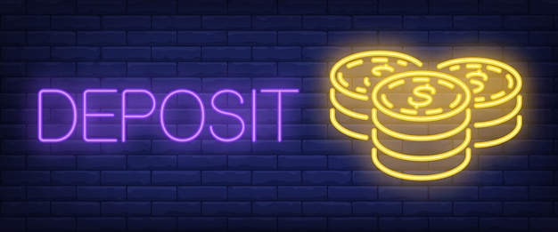 Deposit neon text with coins stacks Free Vector