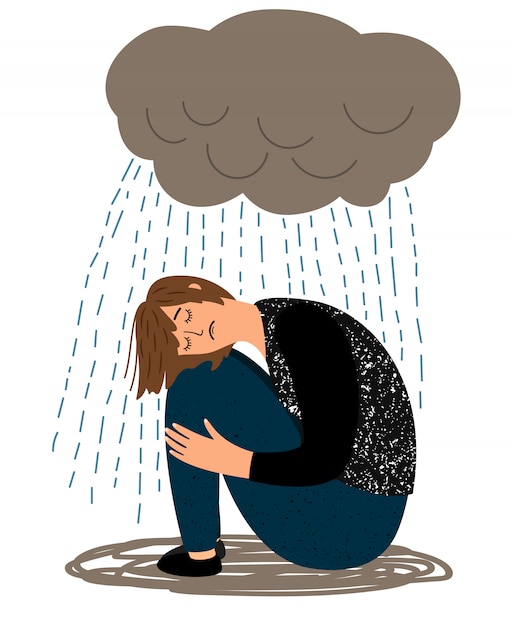 落ち込んでいる女の子と泣いている雨 プレミアムベクター