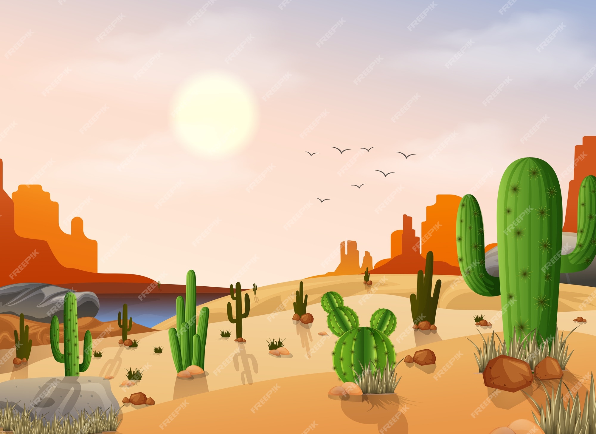 Premium Vector | Desert landscape with cactuses on the sunshine background