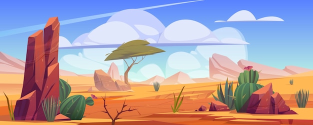 Free Vector | Desert landscape with rocks, tropical tree, grass and ...