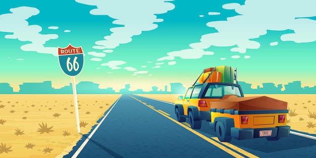 Desert landscape with suv on asphalt way to canyon, wasteland. route 66 with transport Free Vector