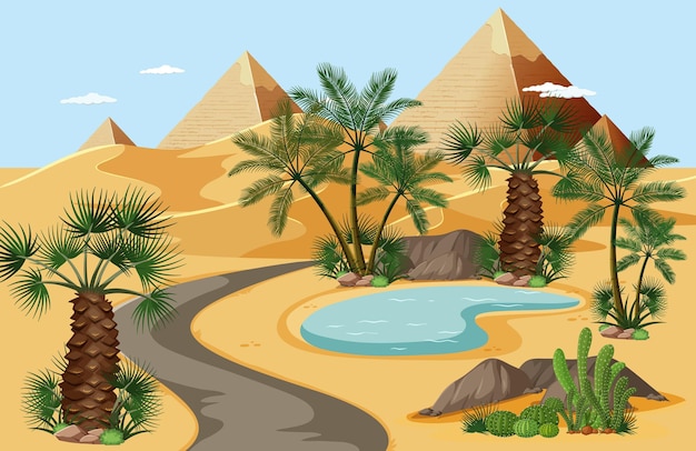 手のひらとピラミッドの自然の風景のシーンと砂漠のオアシス 無料のベクター
