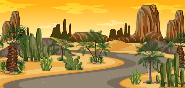 手のひらと道路の自然の風景のシーンと砂漠のオアシス 無料のベクター