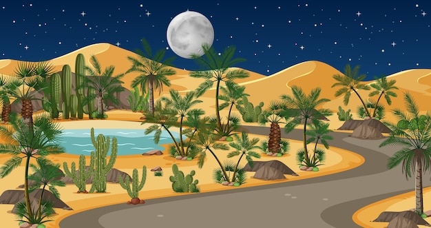 道路と手のひらと夜景のcatus自然風景と砂漠 無料のベクター