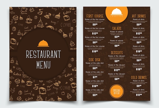 レストランやカフェのa4メニューをデザインします 手とロゴの図面と茶色とオレンジ色のテンプレート セットする プレミアムベクター