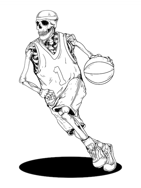 黒と白のデザイン手描きイラストバスケットボールスケルトンスカルプレミアム プレミアムベクター