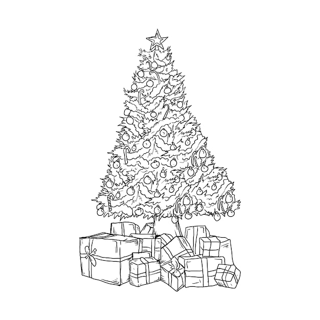 黒と白のデザイン手描きイラストクリスマスツリーとギフトボックス プレミアムベクター