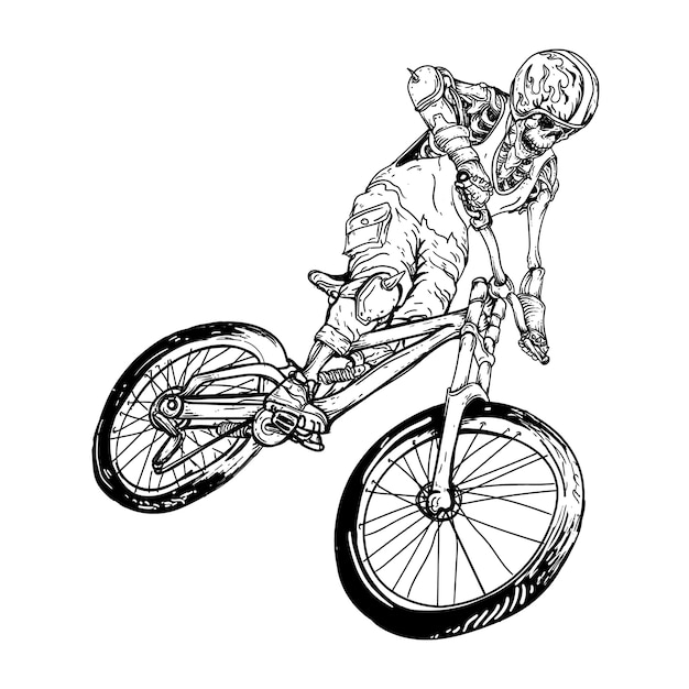 Design black and white hand drawn illustration skeleton bike premium ...