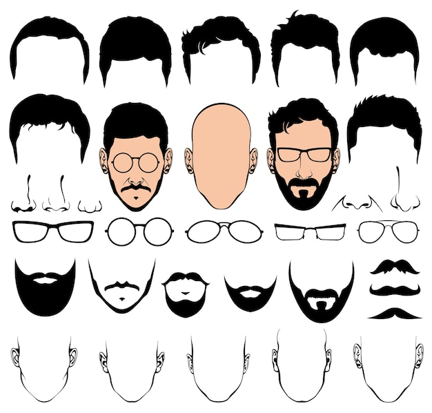 頭髪 眼鏡 ひげ 口ひげの男性の頭のベクトルのシルエットの形を持つデザインコンストラクタ H プレミアムベクター