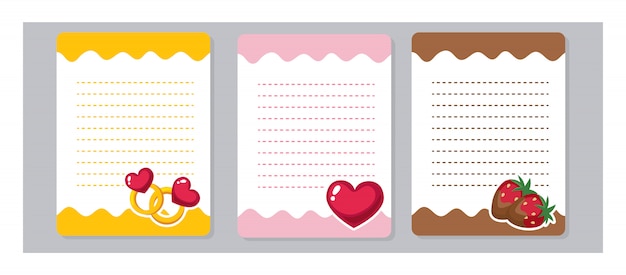 ノート 日記 テンプレートデザインのデザイン要素 あなたのメッセージの準備ができてかわいいカワイイと漫画のイラストのメモ用紙 愛 リング ハート チョコレートストロベリー プレミアムベクター